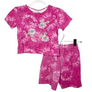Vintage Simply Basic Girls Size 10/12 Pink Tie Dye Curly Hem Shorts Set